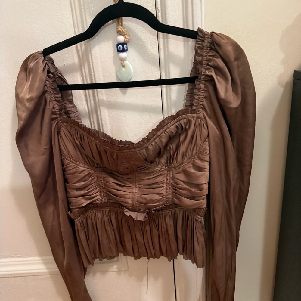 Ulla Johnson Brown Puff Sleeve Ruched Crop Blouse